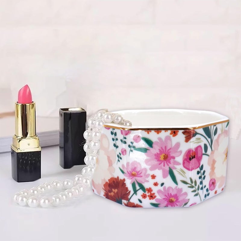 LEAZUL Ceramic Paper Clip Holder Gold Line Paper Clip Dispenser Organizer for Desk Cute Floral Pattern Office Binder Clip Holder Bobby Pin and Hair Clip Holder Gift for Office (White Pink) - Image 2